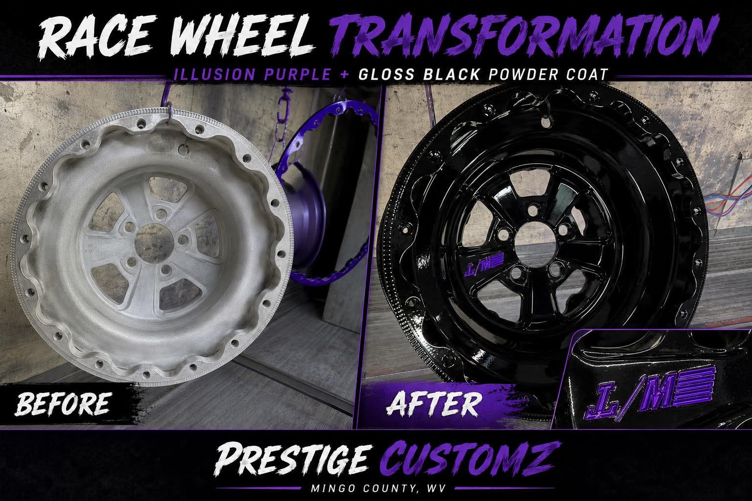 Bare aluminum drag race wheel restored with gloss black powder coat and illusion purple bead lock ring
