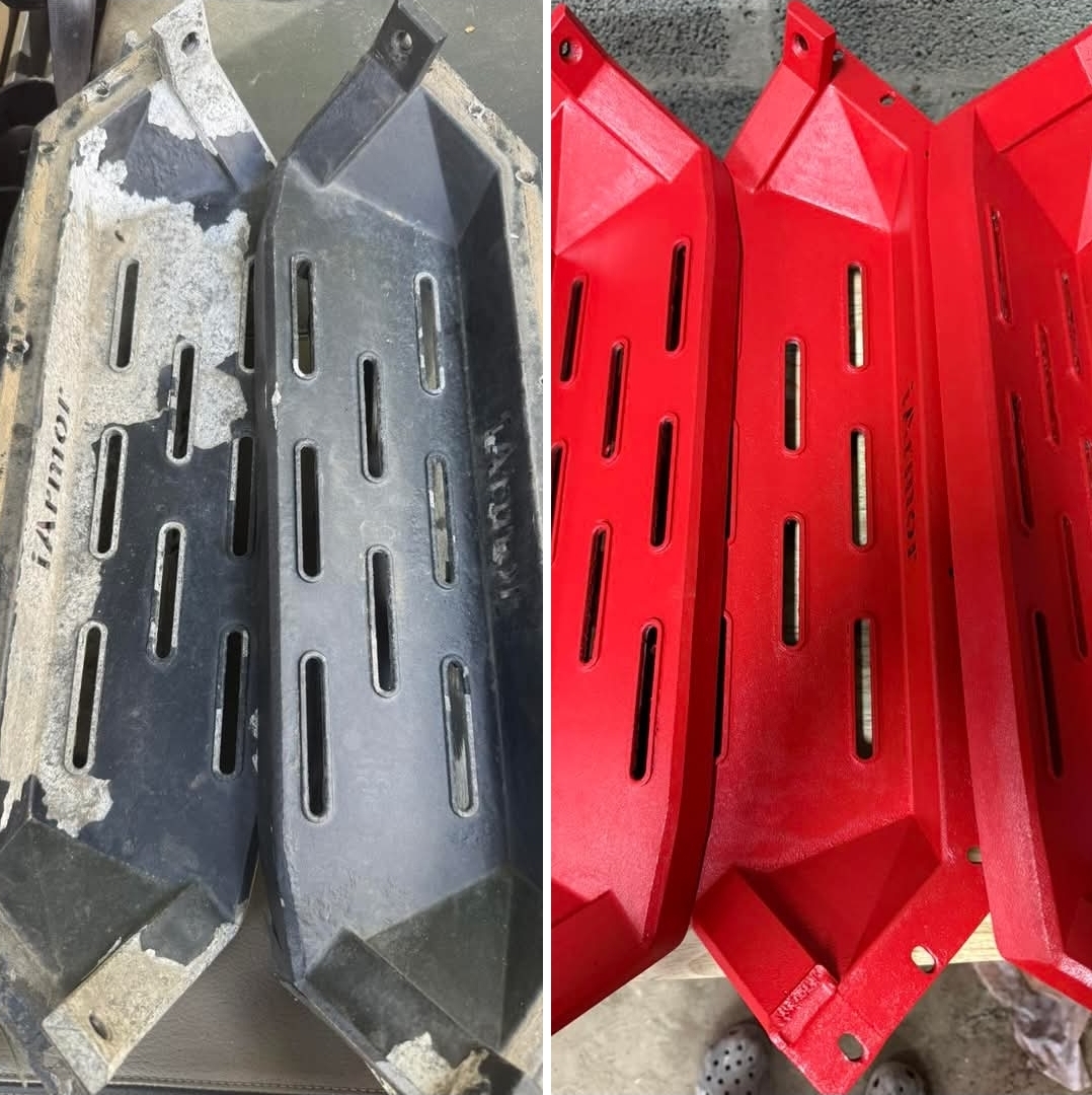 Weathered SXS rocker guards restored and refinished in bold red powder coat by Prestige Customz