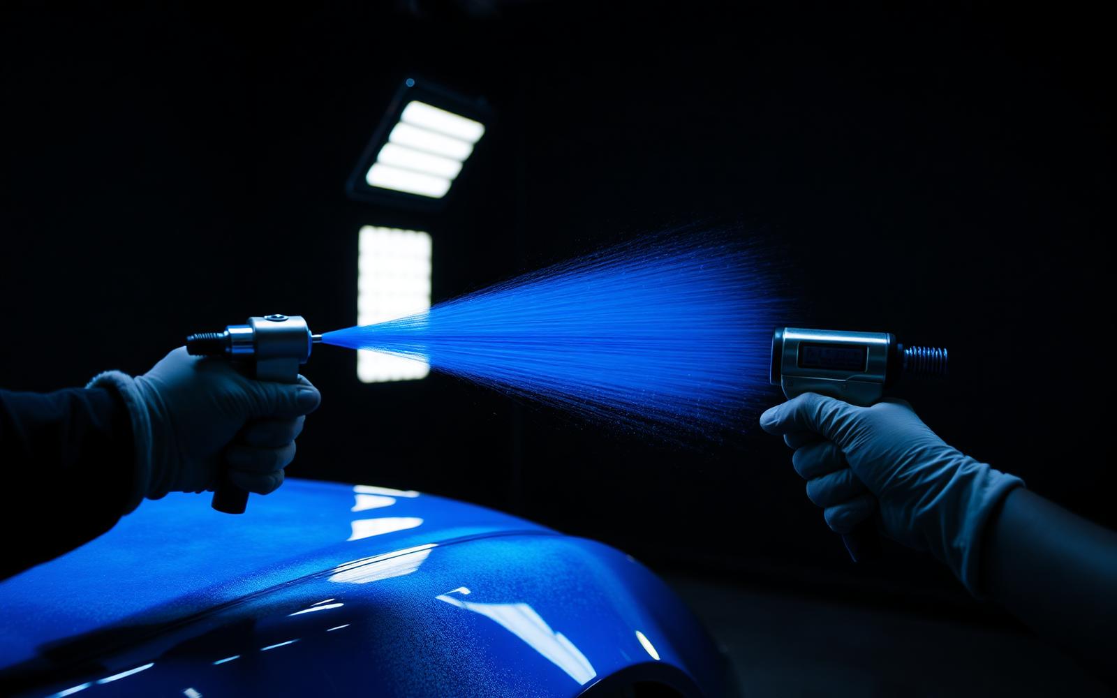 Powder coating gun applying vivid finish in a professional booth